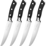 Steak Knives Set of 4, OAKSWARE Non Serrated Steak Knife with Ergonomic Full Tang Forged Handle, 5 Inch German High Carbon Stainless Steel Straight Edge Dinner Knives for Family Dinning, Camping & BBQ