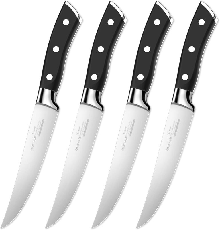 Steak Knives Set of 4, OAKSWARE Non Serrated Steak Knife with Ergonomic Full Tang Forged Handle, 5 Inch German High Carbon Stainless Steel Straight Edge Dinner Knives for Family Dinning, Camping & BBQ