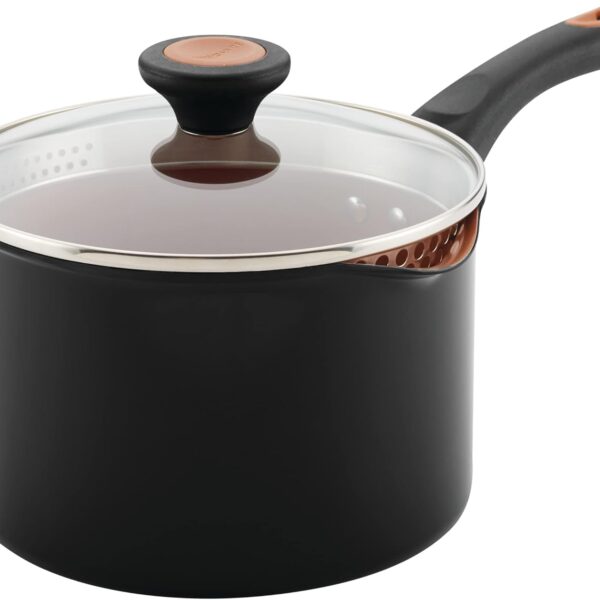 Farberware Glide Copper Ceramic Nonstick Straining Sauce Pan with Lid, 3-Quart, Black