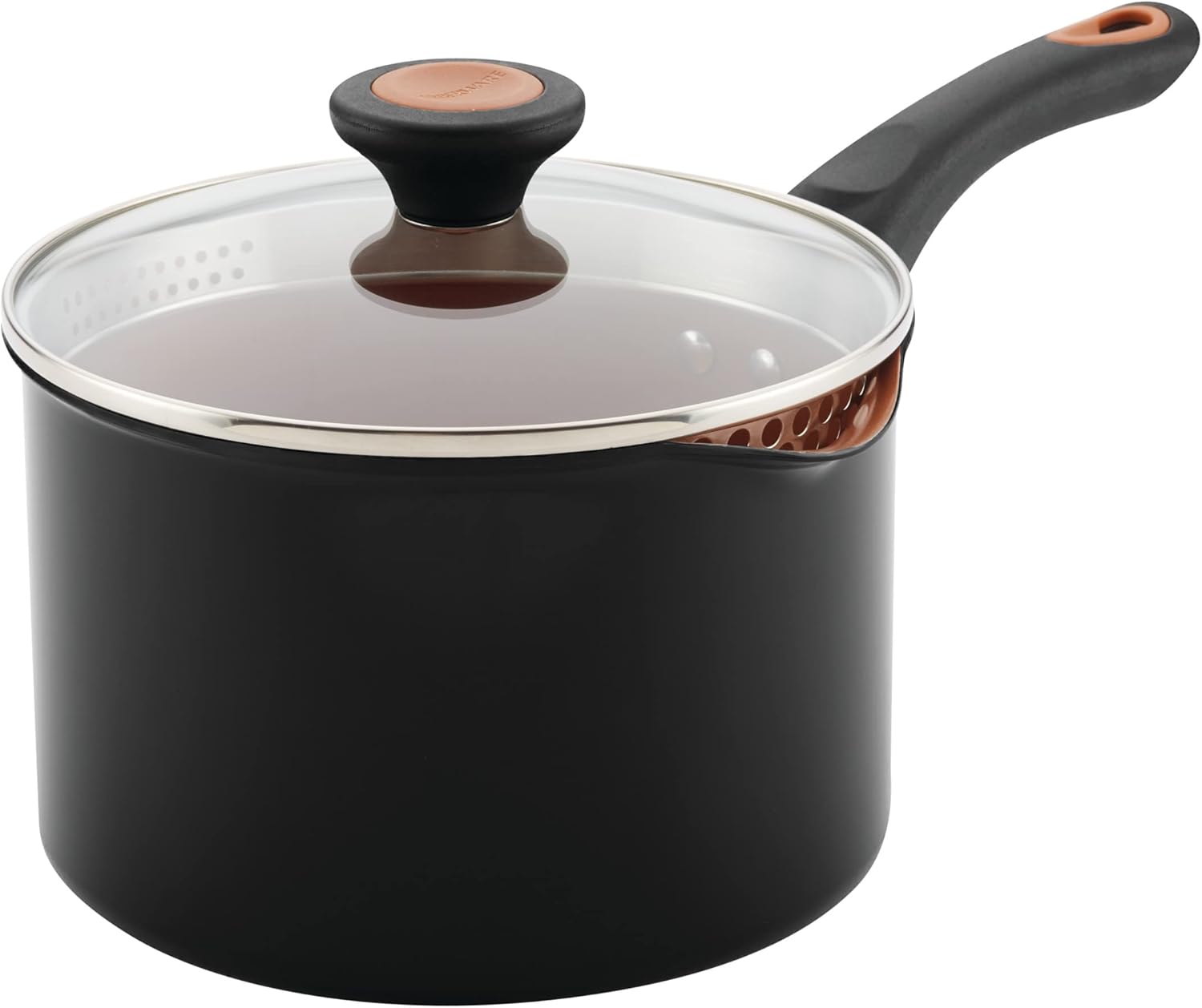 Farberware Glide Copper Ceramic Nonstick Straining Sauce Pan with Lid, 3-Quart, Black Farberware Glide Copper Ceramic Nonstick Straining Sauce Pan with Lid, 3-Quart, Black