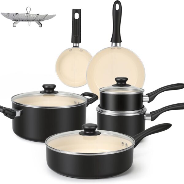 Amazon Basics 11-Piece Ceramic Non-Stick Pots and Pans Set, Dishwasher & Oven Safe, Easy Clean, Glass Lids, Black/Cream