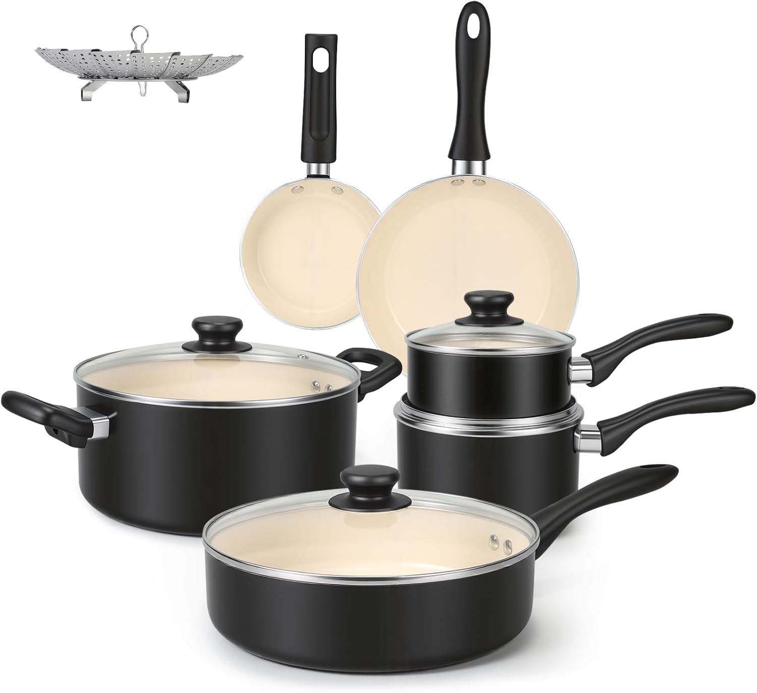 Amazon Basics 11-Piece Ceramic Non-Stick Pots and Pans Set, Dishwasher & Oven Safe, Easy Clean, Glass Lids, Black/Cream Amazon Basics 11-Piece Ceramic Non-Stick Pots and Pans Set, Dishwasher & Oven Safe, Easy Clean, Glass Lids, Black/Cream
