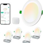 LEPOWER-TEC Recessed LED Can Lights 6 Inch, Smart Wi-Fi Connect White LED Ceiling Light, Adjustable 2700K-6500K Downlight with Junction Box, APP & Voice Control, 1100 Lumens, 4 Pack