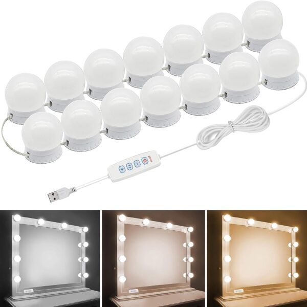 Pretmess LED Vanity Mirror Lights, Hollywood Style With 14 Dimmable Bulbs, Adjustable Color & Brightness, USB Cable, Stick-on for Makeup Table Dressing Room
