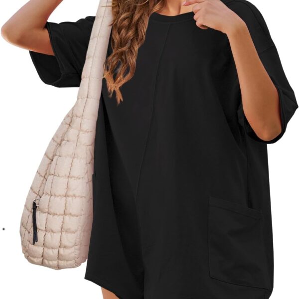 Yeokou Rompers for Women Casual Short Sleeve Oversized Athletic Workout Reversible Hot Shot Tee Romper Deep Pockets