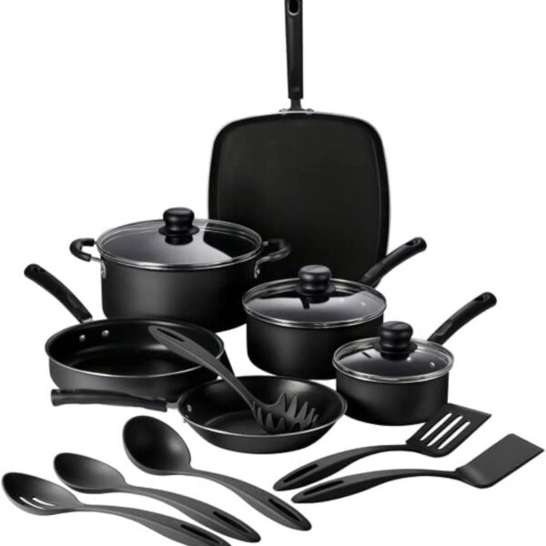 Tramontina Primaware 15-Piece Non Stick Cookware Set with Lids and Utensils, Aluminum Nonstick Pots and Pans Kitchen Set (Storm)