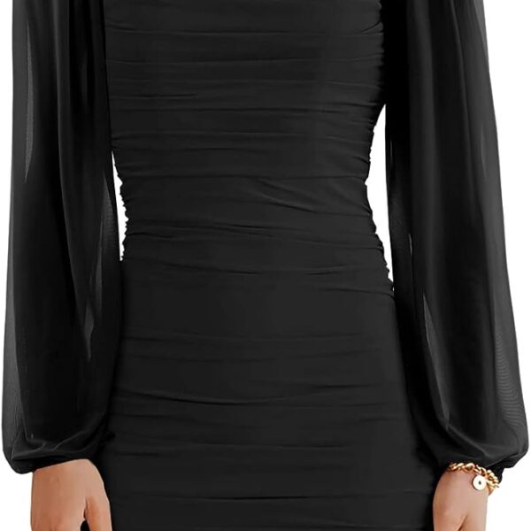 Wenrine Women's Mesh Long Sleeve Square Neck Ruched Party Club Cocktail Bodycon Mini Dress