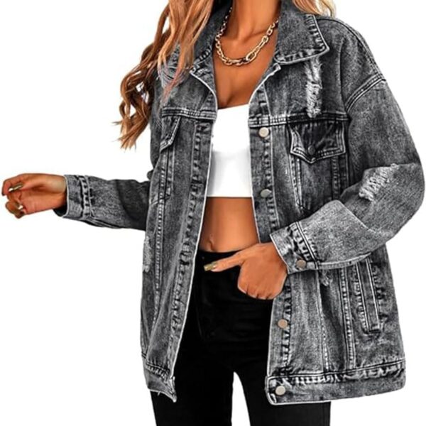 LifeShe Women's long oversized denim jacket boyfriend ripped distressed jean jackets coat