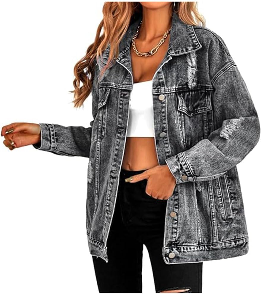 LifeShe Women's long oversized denim jacket boyfriend ripped distressed jean jackets coat LifeShe Women's long oversized denim jacket boyfriend ripped distressed jean jackets coat
