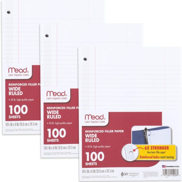 Mead Loose Leaf Paper, 3 Pack, Notebook Paper, Wide Ruled Filler Paper, Reinforced, 8 x 10.5, 100 Sheets per Pack (38038)