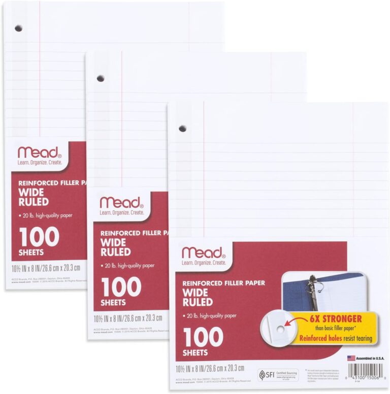 Mead Loose Leaf Paper, 3 Pack, Notebook Paper, Wide Ruled Filler Paper, Reinforced, 8 x 10.5, 100 Sheets per Pack (38038)