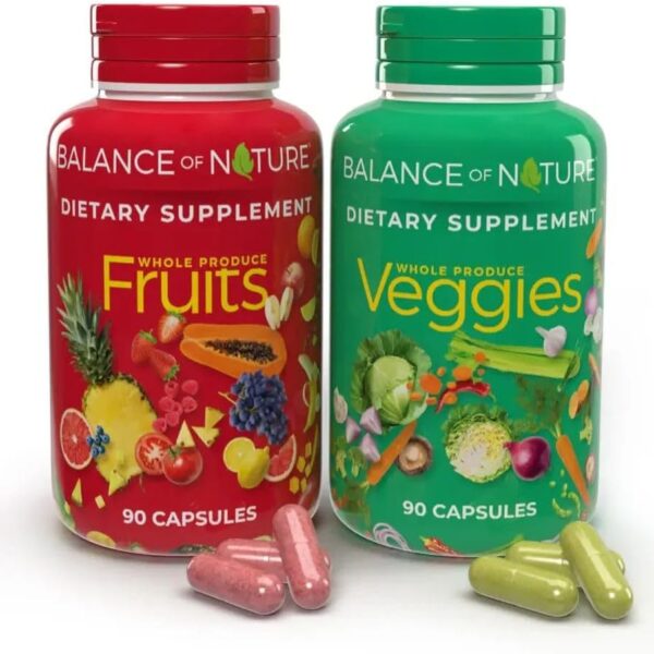 Balance of Nature Fruits & Veggies Supplements - Whole Fruit and Vegetable Ingredients for Women, Men, and Kids - 90 Fruits Capsules, 90 Veggies Capsules - 1 Set