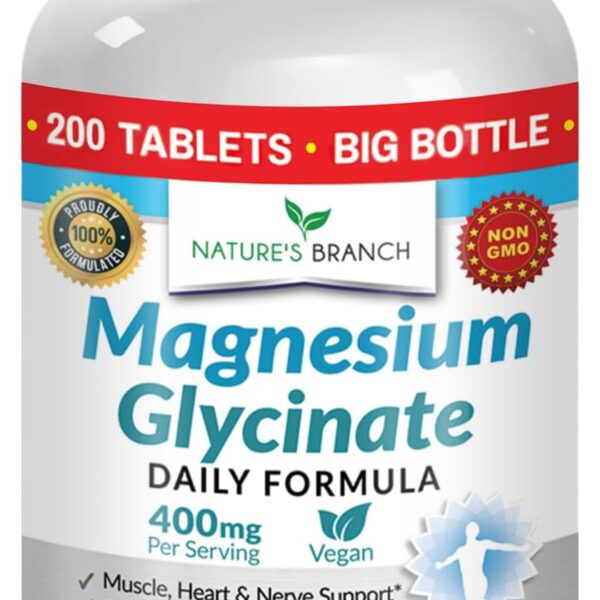 Magnesium Glycinate 400mg | 200 Tablets | High Absorption Mag Supplements for Sleep, Leg Cramps, Heart, Muscle, Calm | Non Buffered Bisglycinate, Extra Strength for Women and Men, Tablets Not Capsules