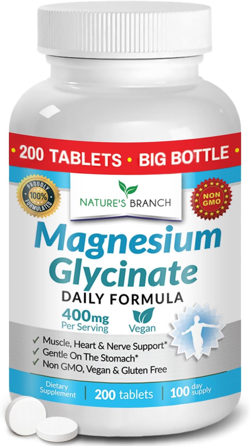 Magnesium Glycinate 400mg | 200 Tablets | High Absorption Mag Supplements for Sleep, Leg Cramps, Heart, Muscle, Calm | Non Buffered Bisglycinate, Extra Strength for Women and Men, Tablets Not Capsules Magnesium Glycinate 400mg | 200 Tablets | High Absorption Mag Supplements for Sleep, Leg Cramps, Heart, Muscle, Calm | Non Buffered Bisglycinate, Extra Strength for Women and Men, Tablets Not Capsules
