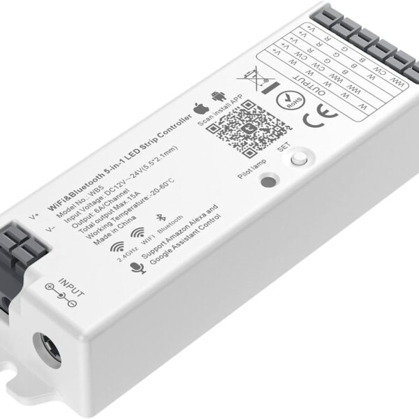 BTF-LIGHTING 5-in-1 WB5 2.4GHz WiFi LED Controller, PWM Dimmer Compatible with Alexa/Google Home/Tuya Smart/Smart Life APP, for Dimming/CCT/RGB/RGBW/RGBCCT Strip Light, Work with WR01RF, WR02RF, etc.