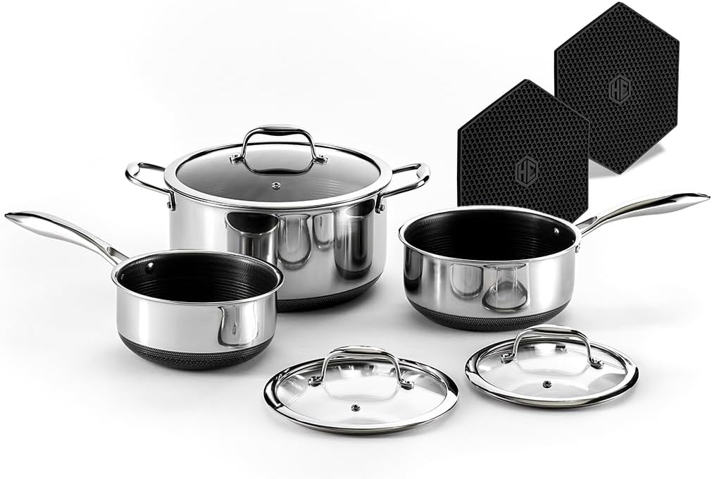 HexClad Hybrid Nonstick 6-Piece Pot Set with 2 Silicone Trivets, 2, 3, and 8-Quart Pots with Tempered Glass Lids, Stay-Cool Handles, Dishwasher-Friendly, Induction Ready, Compatible with All Cooktops HexClad Hybrid Nonstick 6-Piece Pot Set with 2 Silicone Trivets, 2, 3, and 8-Quart Pots with Tempered Glass Lids, Stay-Cool Handles, Dishwasher-Friendly, Induction Ready, Compatible with All Cooktops
