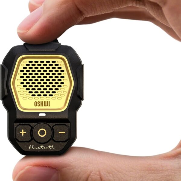 MFish Wearable Bluetooth Speaker, Clip-On Mini Portable Speaker with Built-in Mic for Hands-Free Calls, IPX67 Water/Dust Resistant, Ultra-Lightweight, Playtime, 4X Strong Clip Gold