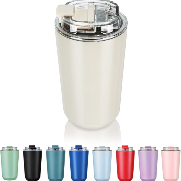 Puraville Insulated Tumblers with Lid, 14 oz Travel Coffee Mug Stainless Steel Vacuum Cup, Leak Proof Reusable Double Walled Coffee Tumbler for Iced and Hot Drinks, Cream