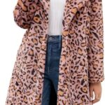 chouyatou Women's Open Front Leopard Print Faux Fur Long Trench Coat Lapel Collar Furry Jacket Coat
