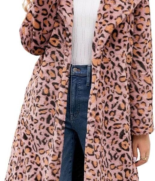 chouyatou Women's Open Front Leopard Print Faux Fur Long Trench Coat Lapel Collar Furry Jacket Coat