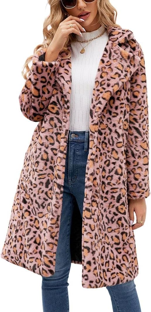 chouyatou Women's Open Front Leopard Print Faux Fur Long Trench Coat Lapel Collar Furry Jacket Coat chouyatou Women's Open Front Leopard Print Faux Fur Long Trench Coat Lapel Collar Furry Jacket Coat