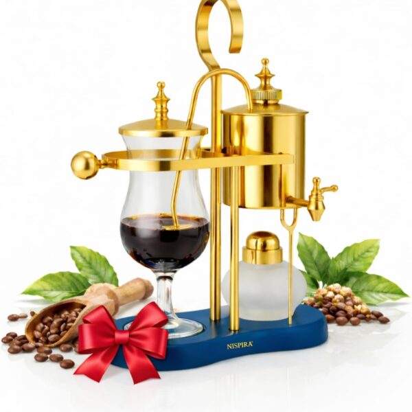 Nispira Belgian Balance Syphon Vacuum Coffee Maker, 500ml Vintage Gravity Brewing System, Gold & Peacock Blue Finish, Manual Tabletop Coffee Brewer