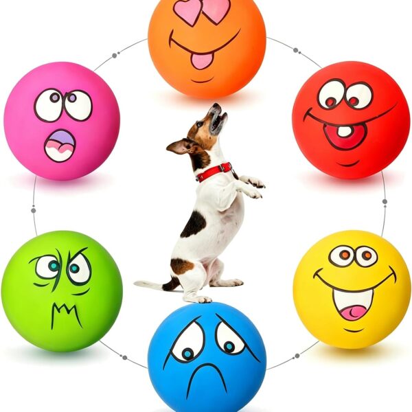 HOLYSTEED Latex Dog Squeaky Toys, Soft Rubber Small Dog Toys Chewing Squeak Toy, Fetch Play Balls Toy for Puppy Small Pet, Smile Face Flat Ball with Squeaker 6pcs