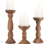 BANOMII Farmhouse Wooden Candle Holders for Pillar Candles Set of 3, Rustic Wood Candle Holder Table Centerpiece Decor, 12'' 9'' 6'' Vintage Tall Candle Stand Decorative, Brown