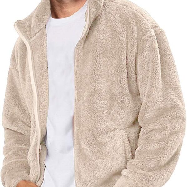 Runcati Mens Fuzzy Sherpa Jacket Cardigan Fleece Long Sleeve Full Zip Open Front Thermal Coat Fall Winter Outwear