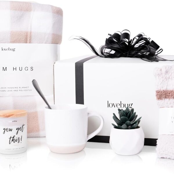lovebug Get Well Soon Gift Basket for Women  After Surgery Gifts, Feel Better Care Package with Blanket, Candle, Socks, Mug, Spoon, Succulent  Thinking of You Self Care Gifts for Women Basket