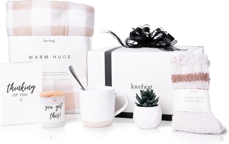 lovebug Get Well Soon Gift Basket for Women  After Surgery Gifts, Feel Better Care Package with Blanket, Candle, Socks, Mug, Spoon, Succulent  Thinking of You Self Care Gifts for Women Basket