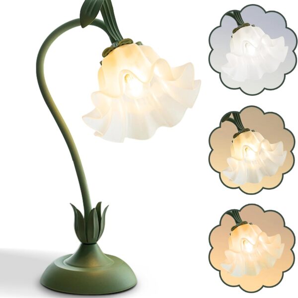 AQDZCNF Flower Table Lamp,LED Reading Light Bedside Vintage Flower Night Light,3 Colors Modes Kawaii Bedside Lamps Decor,Living Room Bedroom Room Lighting Table Lamps Home Decoration (Green)