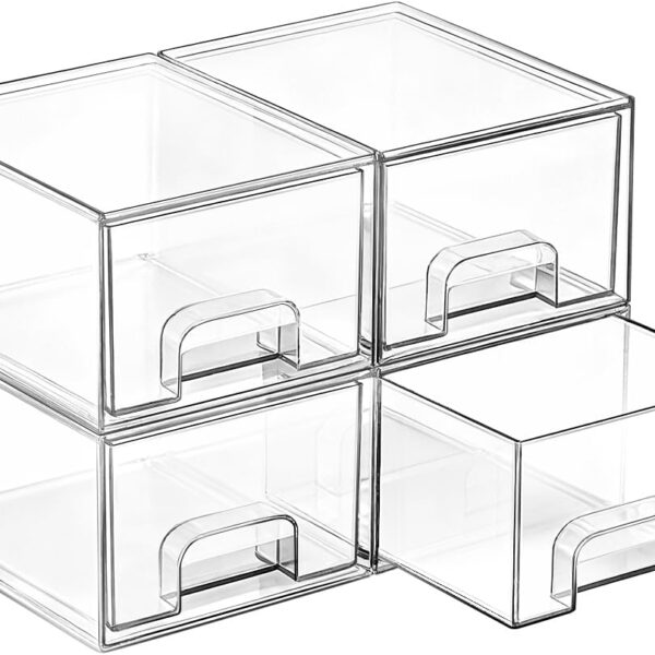Vtopmart 4 Pack Small Clear Stackable Storage Drawers,Acrylic Bathroom Makeup Organizer,Plastic Storage Bins for Vanity, Undersink, Kitchen Cabinets, Pantry, Home Organization
