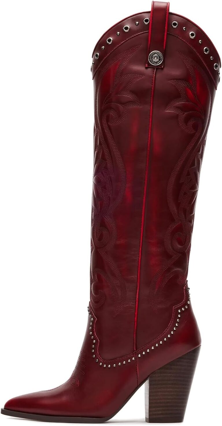 VOMIRA Knee High Cowboy Boots for Women Pointed Toe Chunky High Heels Pull-on Embroidered Boots Western Boots Wide Calf Cowgirl Boots