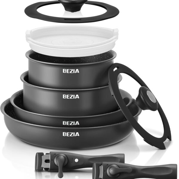 BEZIA Induction Cookware Set 10 Pieces, Nonstick Pots and Pans Set with Removable Handles, for All Hobs, Stackable Design, Dishwasher/Oven Safe, PFAS Free