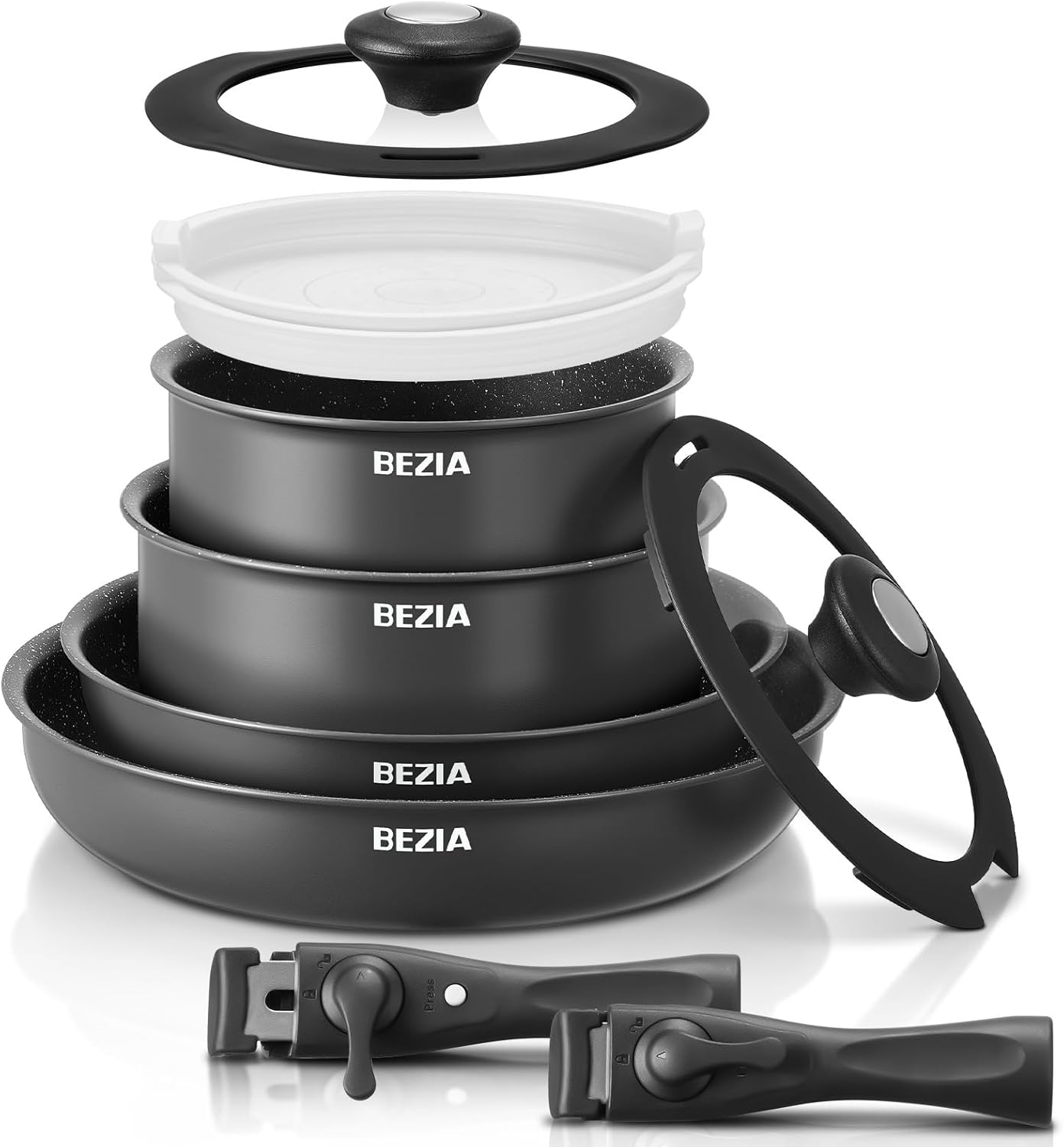 BEZIA Induction Cookware Set 10 Pieces, Nonstick Pots and Pans Set with Removable Handles, for All Hobs, Stackable Design, Dishwasher/Oven Safe, PFAS Free BEZIA Induction Cookware Set 10 Pieces, Nonstick Pots and Pans Set with Removable Handles, for All Hobs, Stackable Design, Dishwasher/Oven Safe, PFAS Free