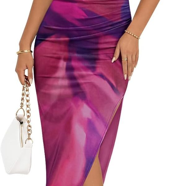 Trendy Queen Bodycon Maxi Dress Womens Sleeveless Floral Print Fitted Party Club Ruched Dresses with Side Slit