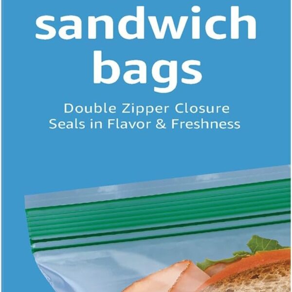 Amazon Basics Reclosable Double Zipper Sandwich Storage Bags for Food Storage, BPA Free, 100 Count