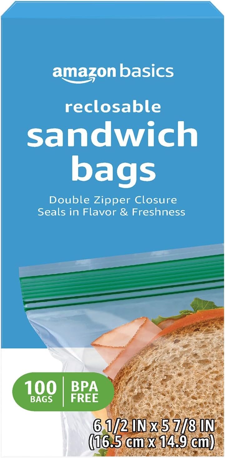 Amazon Basics Reclosable Double Zipper Sandwich Storage Bags for Food Storage, BPA Free, 100 Count Amazon Basics Reclosable Double Zipper Sandwich Storage Bags for Food Storage, BPA Free, 100 Count