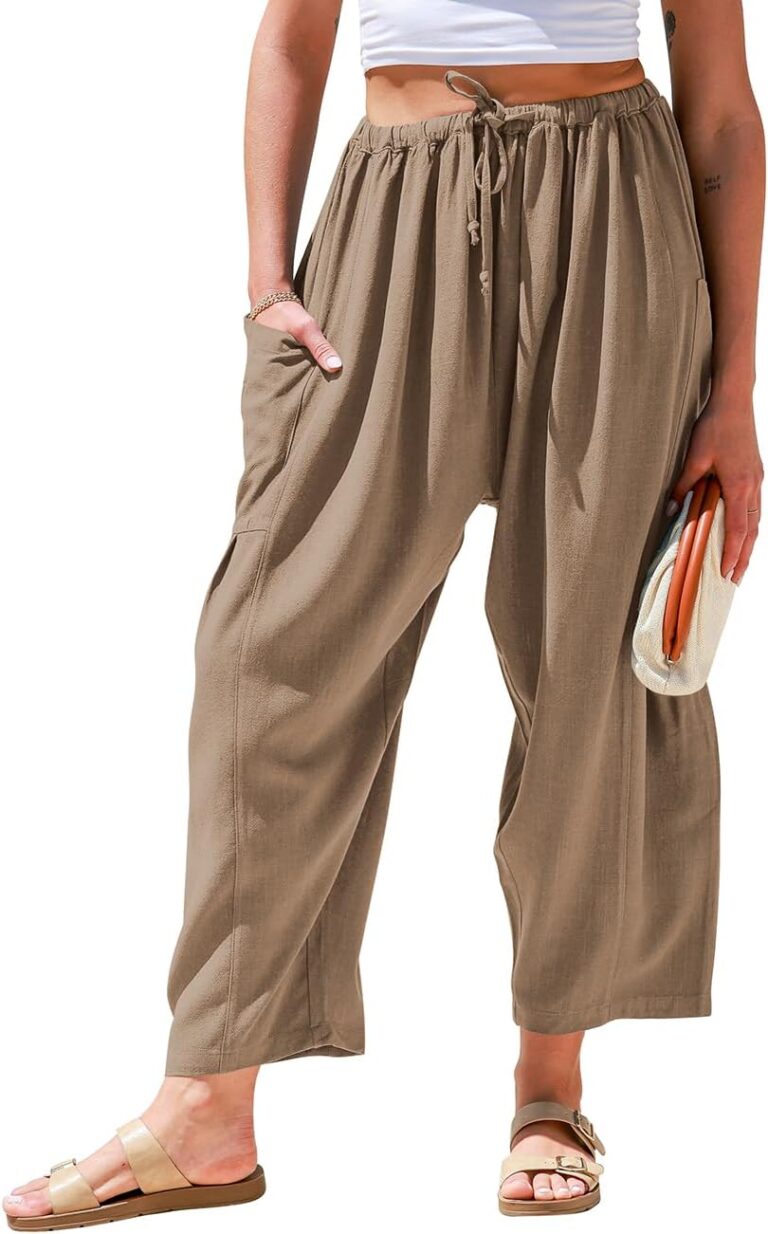 TARSE Womens Linen Wide Leg Pants Casual Loose Drawstring Summer Beach Travel Vacation Palazzo Harem Pants with Pockets