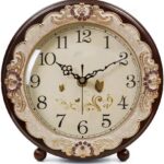 Justup Vintage Table Clock, Retro Non-Ticking European Style Beside Desk Clock Battery Operated Silent Quartz Movement for Bedroom Living Room Indoor Decor (Brown)