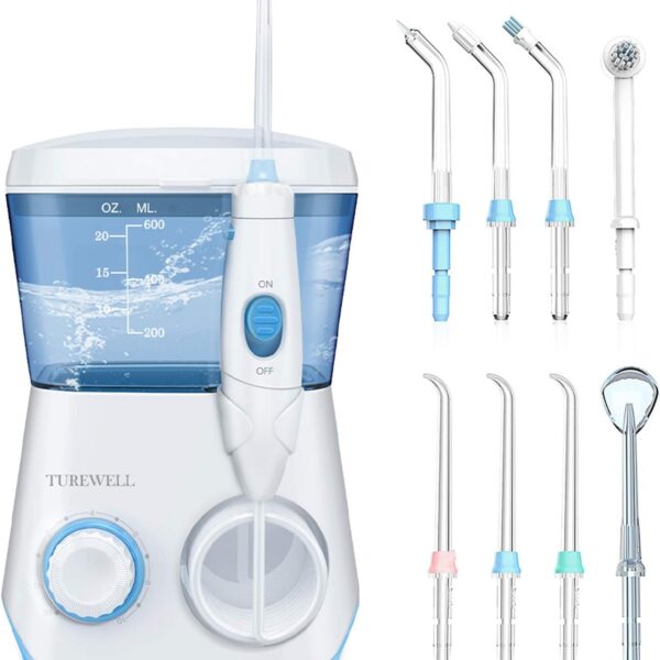 TUREWELL Water Flossing Oral Irrigator, 600ML Dental Cleaner 10 Adjustable Pressure, Electric Oral Flosser for Teeth/Braces, 8 Replacement Jet Tips for Family (White)