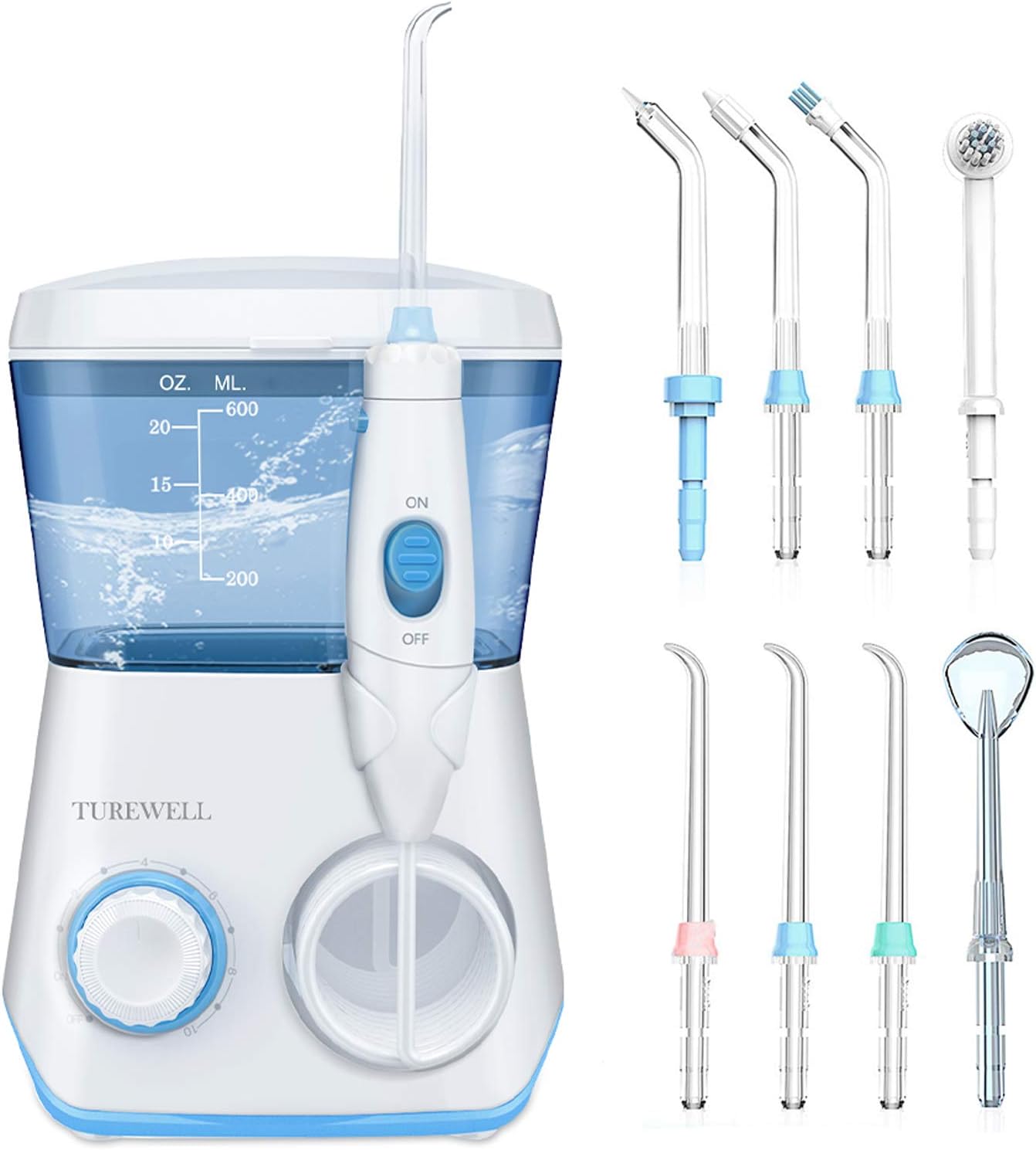 TUREWELL Water Flossing Oral Irrigator, 600ML Dental Cleaner 10 Adjustable Pressure, Electric Oral Flosser for Teeth/Braces, 8 Replacement Jet Tips for Family (White) TUREWELL Water Flossing Oral Irrigator, 600ML Dental Cleaner 10 Adjustable Pressure, Electric Oral Flosser for Teeth/Braces, 8 Replacement Jet Tips for Family (White)