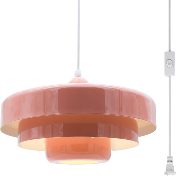 Hanging Lamp Pink Plug in Pendant Light Mid Century Modern Pendant Lamp Fixtures Nordic Hanging Light Style Pendant Lighting Metal Shade for Living Room Dining Room Bedroom Kitchen Island