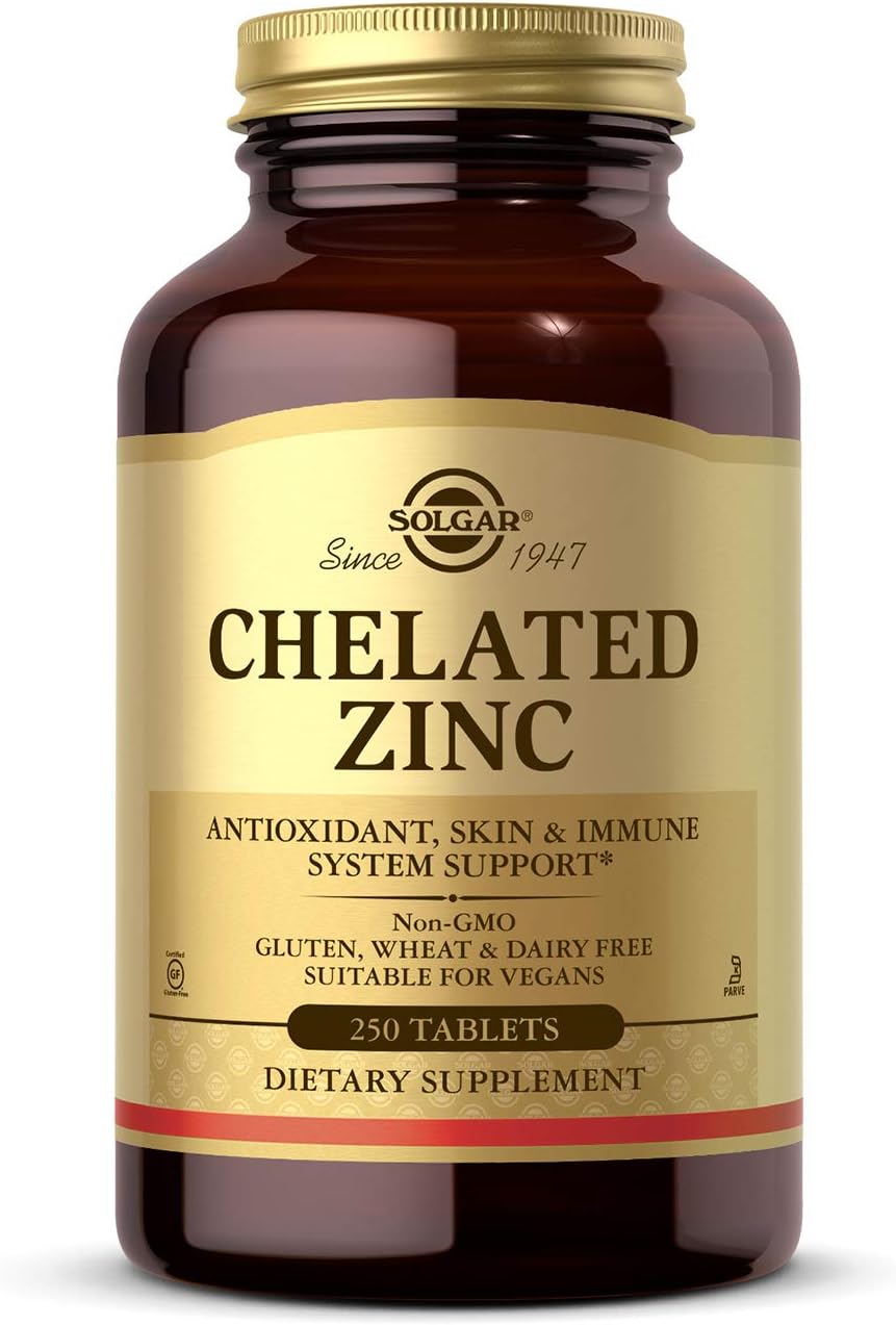 Solgar Chelated Zinc, 250 Tablets - Zinc for Healthy Skin - Supports Cell Growth & DNA Formation - Exerts Antioxidant Activity - Supports A Healthy Immune System - Non GMO, Vegan - 250 Servings Solgar Chelated Zinc, 250 Tablets - Zinc for Healthy Skin - Supports Cell Growth & DNA Formation - Exerts Antioxidant Activity - Supports A Healthy Immune System - Non GMO, Vegan - 250 Servings