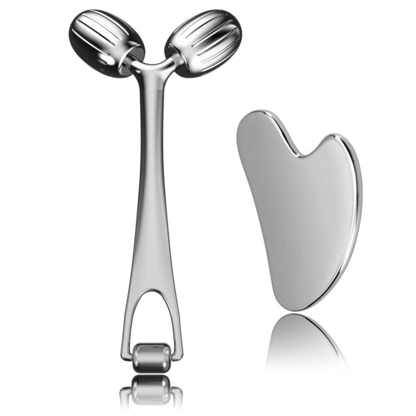 Yeamon Gua Sha Facial Tools and Face Roller Set, Facial Massage Tool for Womens Skincare Routine,Cooling Stainless Steel Face Sculpting Eyes Roller Guasha for Daily Use or Self-Care Gift for Women