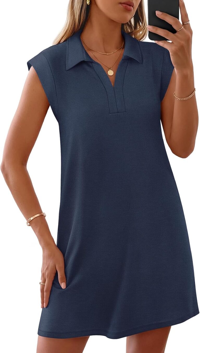 MEROKEETY Women's 2026 Summer Short Sleeve Mini Dress Casual Collared V Neck Loose T Shirt Dresses