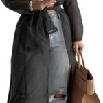 CHICME Women Longline Trench Coat Sheer Mesh Sleeve Buttoned CoatTransparent Jacket Coat with Belt