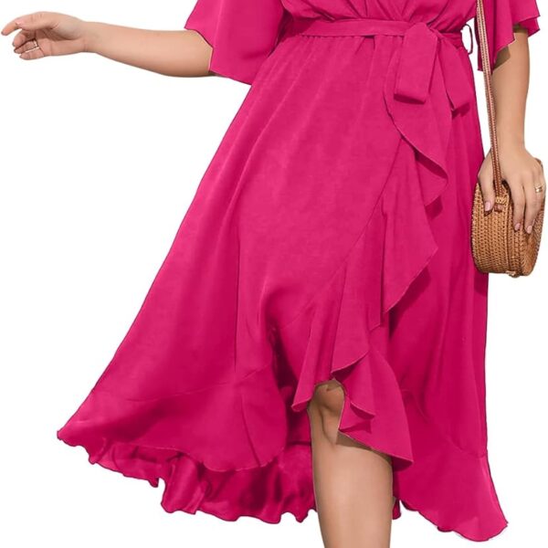 SCOMCHIC Women Plus Size Maxi Dress Short Sleeve Wrap V Neck High Low Split Ruffle Long Dress