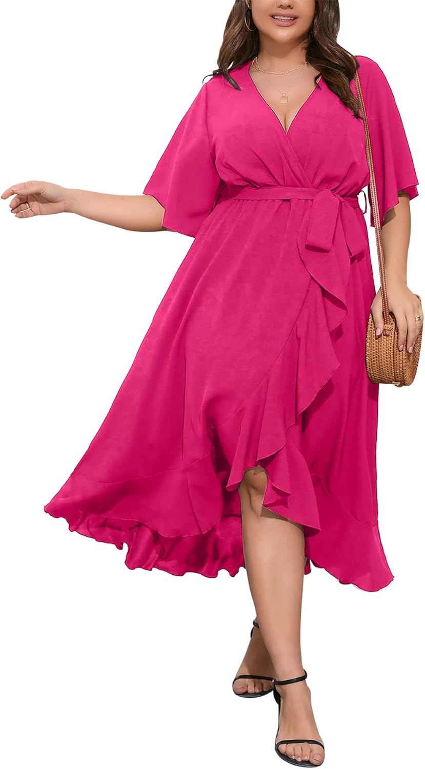 SCOMCHIC Women Plus Size Maxi Dress Short Sleeve Wrap V Neck High Low Split Ruffle Long Dress SCOMCHIC Women Plus Size Maxi Dress Short Sleeve Wrap V Neck High Low Split Ruffle Long Dress